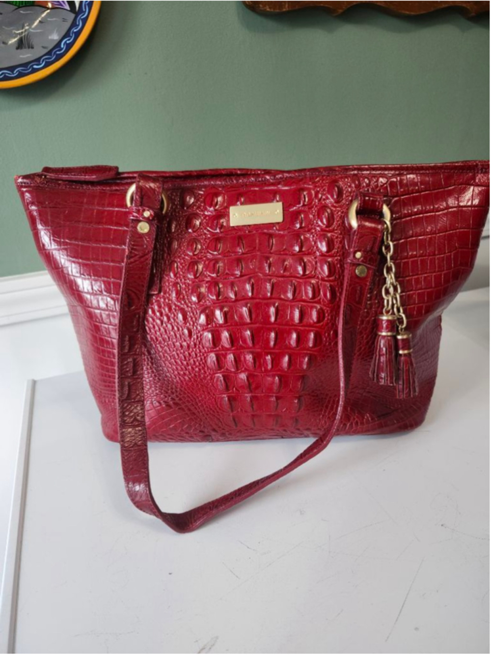 Women's Brahmin Red Croc Embossed Leather Tote Bag One Size